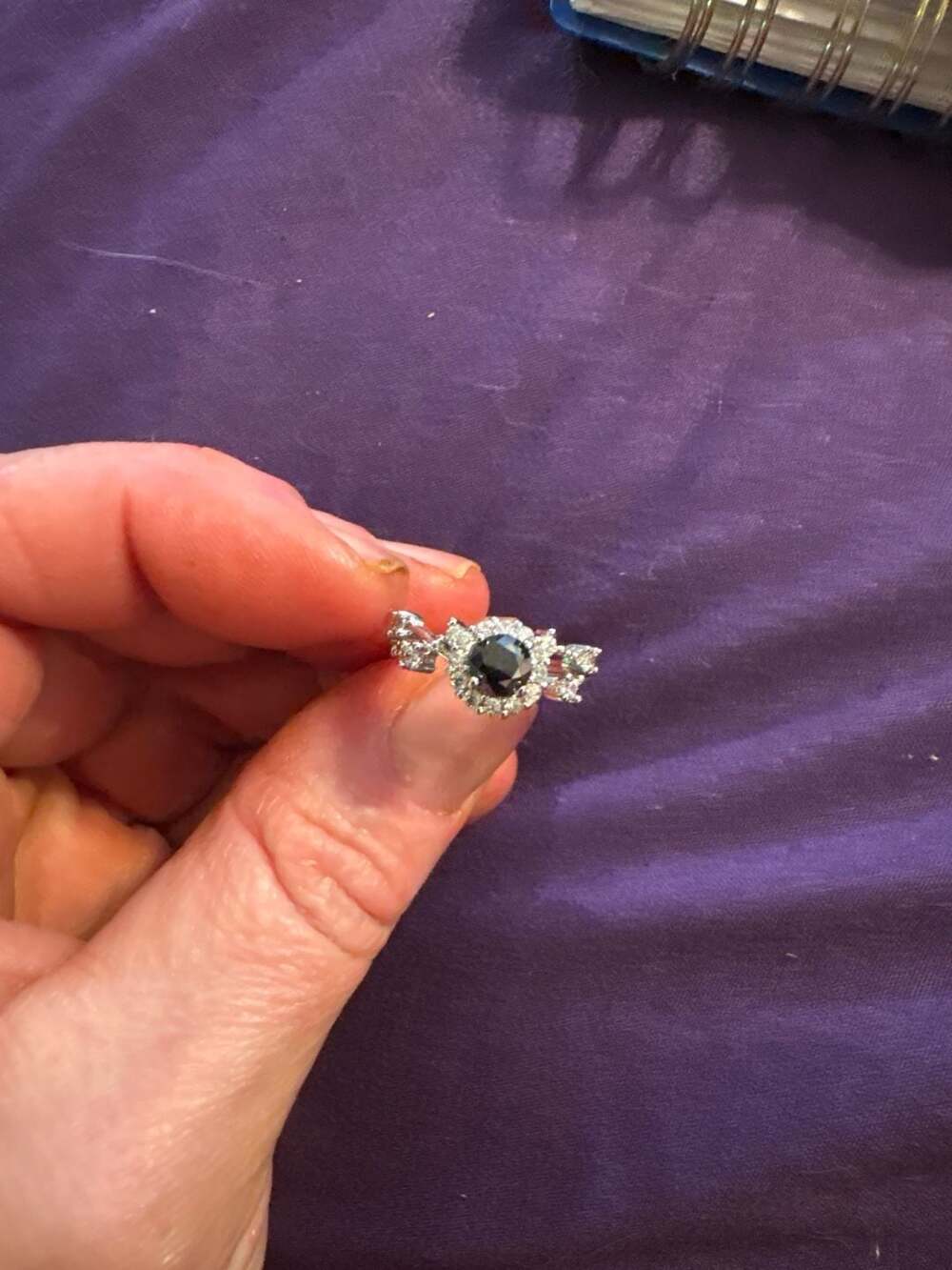 Round Black Stone Halo Engagement Ring in Silver Tone with Accented Twisted Band